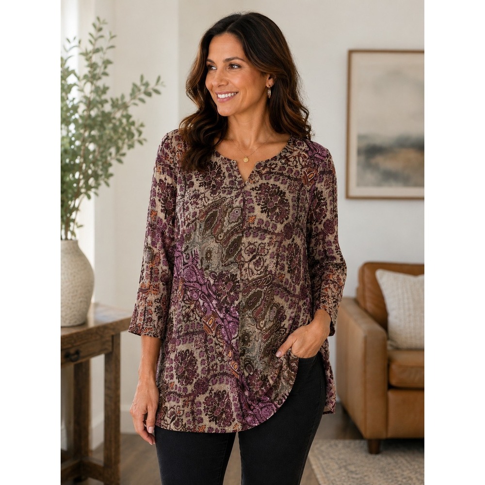Avenue Women 14/16 Floral Paisley Tunic Blouse Boho 3/4 Sleeve Flowy Fall Autumn